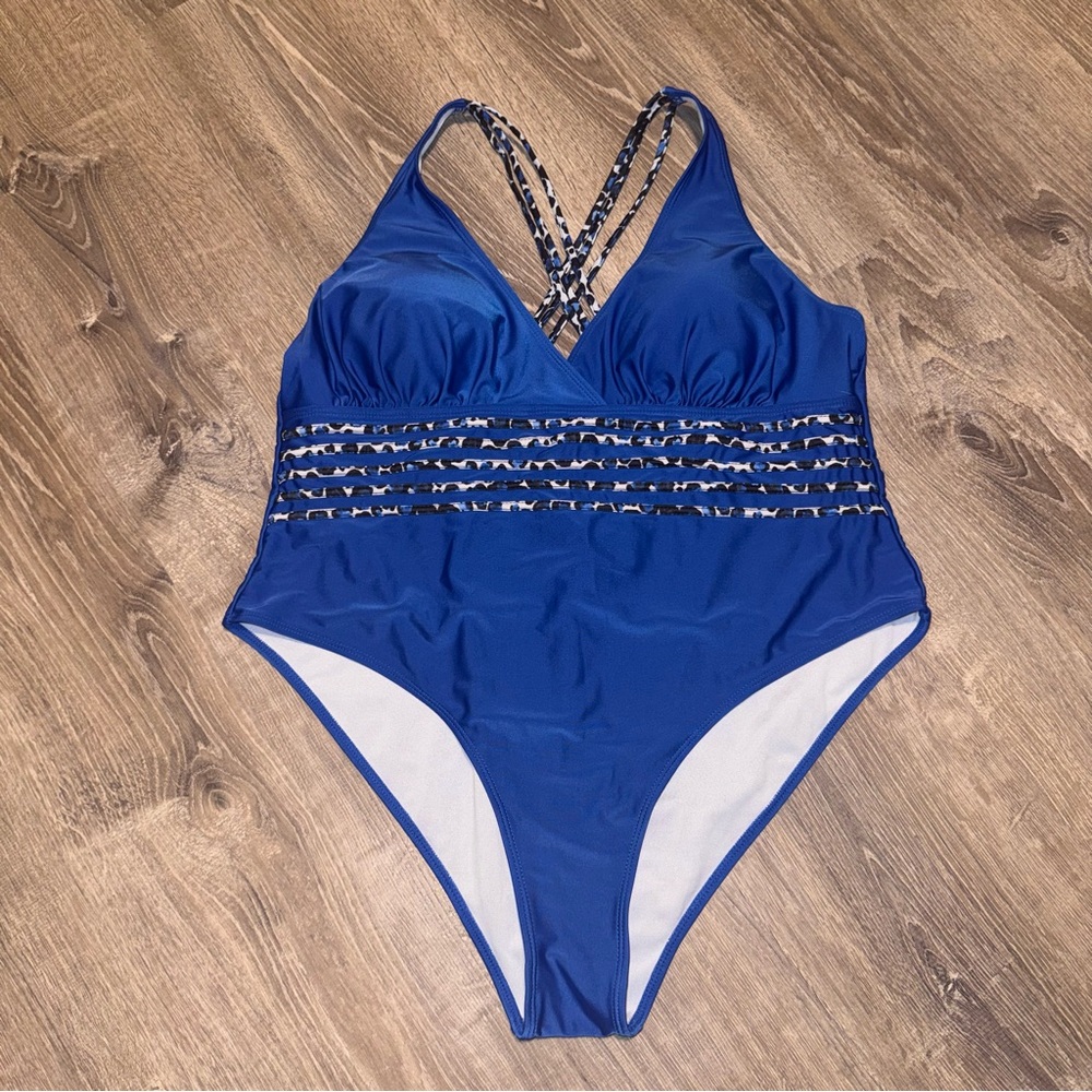 SHEIN Blue One Piece Swimsuit bathing suit triple straps high cut 4X